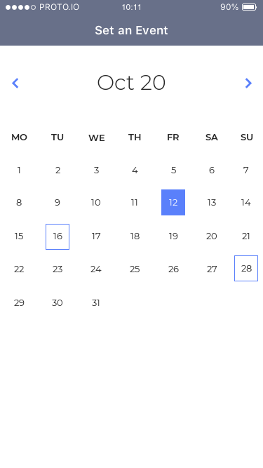 Set up a calendar event interactive prototype on Proto.io Spaces by ...